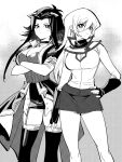 2girls breasts cleavage crossed_arms duel_academy_uniform_(yu-gi-oh!_gx) elbow_gloves fingerless_gloves gloves hair_between_eyes hand_on_own_hip izayoi_aki jiayu_long large_breasts looking_at_viewer monochrome multiple_girls skirt smile tenjouin_asuka thighhighs yu-gi-oh! yu-gi-oh!_5d&#039;s yu-gi-oh!_gx 