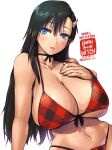  1girl amania_orz bikini black_hair blue_eyes blush breasts burn_the_witch character_name cleavage copyright_name dated hand_under_clothes hand_under_swimsuit huge_breasts long_hair looking_at_viewer navel niihashi_noel parted_lips plaid plaid_bikini red_bikini shadow simple_background solo swimsuit twitter_username white_background 