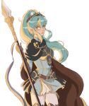  1girl belt blonde_hair boots cape cowboy_shot eirika_(fire_emblem) eirika_(pledged_restorer)_(fire_emblem) eiriseth english_commentary fire_emblem fire_emblem:_the_sacred_stones fire_emblem_heroes green_hair hair_ornament holding holding_weapon looking_to_the_side multicolored_hair ponytail sidelocks simple_background solo thigh_boots two-tone_hair weapon white_background 