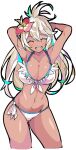  1girl :d ^_^ armpits arms_behind_head ass_visible_through_thighs bikini blush breasts cleavage closed_eyes collarbone commentary_request dark-skinned_female dark_skin enpe flower granblue_fantasy hair_between_eyes hair_flower hair_ornament highres large_breasts long_hair official_alternate_costume red_flower smile solo swimsuit thighs white_bikini white_hair zooey_(granblue_fantasy) zooey_(summer)_(granblue_fantasy) 