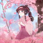  1girl alluka_zoldyck black_hair blue_eyes blush cheonsaru cherry_blossoms cherry_tree hair_ornament hairband highres hunter_x_hunter japanese_clothes long_hair long_sleeves looking_to_the_side multi-tied_hair signature sitting smile smiley_face solo 