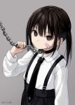  1girl @_@ bandaid bandaid_on_face bangs black_hair brown_eyes chain collar collared_shirt empty_eyes expressionless holding holding_chain long_hair long_sleeves necktie original ruimado shirt skirt solo suspender_skirt suspenders 