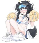  1girl animal_ears bare_shoulders black_hair blue_archive blue_eyes blush breasts cheerleader commentary_request crop_top dog_ears dog_girl dog_tail eyewear_on_head flying_sweatdrops folded goggles goggles_on_head halo hibiki_(blue_archive) hibiki_(cheer_squad)_(blue_archive) holding long_hair looking_at_viewer medium_breasts millennium_cheerleader_outfit_(blue_archive) miniskirt official_alternate_costume open_mouth shoes simple_background sitting skirt sleeveless solo tail tamayume tearing_up white_background white_footwear 