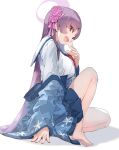  1girl barefoot blue_archive blue_skirt breasts eyeshadow fang halo highres hoshi_umi large_breasts long_hair long_sleeves makeup open_mouth pleated_skirt purple_eyes purple_hair purple_halo red_eyeshadow short_eyebrows simple_background skin_fang skirt smile solo white_background yukari_(blue_archive) 