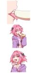  1boy absurdres androgynous astolfo_(fate) astolfo_(memories_at_trifas)_(fate) banana_peel black_bow bow braid crossdressing fang fate/apocrypha fate/grand_order fate_(series) hair_ribbon hej_(mugmnm51) highres hood hoodie jacket long_braid long_hair long_sleeves looking_at_viewer male_focus multicolored_hair navel official_alternate_costume open_mouth otoko_no_ko pink_hair purple_eyes purple_hoodie purple_jacket ribbon shirt single_braid skin_fang smile streaked_hair striped striped_shirt 