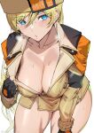  1girl ashiomi_masato bare_legs blonde_hair blue_eyes blush breasts brown_coat cleavage clothes_pull coat collarbone covered_nipples fingerless_gloves fur_hat gloves guilty_gear guilty_gear_strive hair_between_eyes hat leaning_forward long_hair long_sleeves looking_at_viewer millia_rage no_bra no_legwear no_shirt pulled_by_self simple_background solo sweat sweatdrop thick_thighs thighs underwear ushanka white_background 