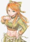  abs bow crop_top etie_(fire_emblem) fire_emblem fire_emblem_engage green_bow green_eyes hand_on_own_hip highres looking_at_viewer midriff orange_hair solo sturm_fe_k11 swept_bangs tiara upper_body 