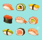  blue_background eyanin food food_focus highres hinamatsuri no_humans original rice roe sashimi sushi 