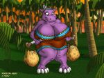  anthro badgerben bag big_breasts breasts carrying clothing detailed_background feathers female forest forest_background hippopotamid huge_breasts looking_down mammal moria_(badgerben) nature nature_background nervous overweight overweight_female plant purple_body solo tree wide_hips 