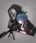  1boy 1girl bangs black_coat black_gloves black_hair black_jacket coat fingerless_gloves gloves gray_serpent grey_background grey_shirt gun holding holding_gun holding_weapon honkai_(series) honkai_impact_3rd jacket long_sleeves mask purple_eyes raven_(honkai_impact) rifle shirt short_hair sniper_rifle weapon zhuchengyuanjianzhen 