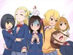  6+girls animal artist_request bird black_hair blonde_hair brown_hair chicken closed_eyes flower_hairband green_eyes hair_ornament hair_scrunchie hairband hitori_bocchi hitoribocchi_no_marumaru_seikatsu honshou_aru kurai_kako multiple_girls open_mouth red_eyes school_uniform scrunchie shaded_face side_ponytail sotoka_rakita sunao_nako yawara_kai yellow_eyes 