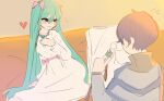  1boy 1girl adam_moonlit aqua_hair black_eyes blue_hair bow couch couple dress dress_ribbon eve_moonlit evillious_nendaiki frilled_dress frills half-closed_eyes hatsune_miku heart holding holding_brush kaito_(vocaloid) long_dress long_hair long_sleeves nervous ng_huy_hoang parody pink_bow pink_ribbon ribbon seductive_smile sketching smile titanic_(movie) very_long_hair vocaloid white_dress you&#039;re_doing_it_wrong 