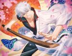  1boy bokken cherry_blossoms gintama hadanugi_dousa japanese_clothes kimono kuren male_focus open_clothes red_eyes sakata_gintoki solo sword weapon white_hair wooden_sword 