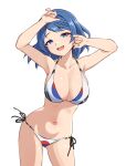  1girl :d ajidot armpits arms_up bare_arms bare_shoulders bikini blue_eyes blue_hair braid breasts character_request cleavage collarbone commentary_request copyright_request cowboy_shot highres large_breasts looking_at_viewer medium_hair navel open_mouth side-tie_bikini_bottom simple_background smile solo standing stomach swimsuit thighs white_background white_bikini 