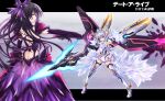  2girls alternate_costume armor armored_dress blue_eyes butt_crack dark_persona date_a_live dress elbow_gloves gloves halberd highres holding holding_weapon long_hair mecha_musume miying_(13975192760) multiple_girls polearm purple_dress purple_eyes purple_hair short_hair tobiichi_origami weapon white_hair yatogami_tenka yatogami_tooka 