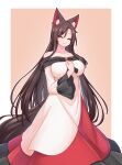  1girl animal_ears bare_shoulders border breasts brown_background brown_hair closed_eyes closed_mouth dress facing_viewer hashi2387 highres imaizumi_kagerou large_breasts long_hair long_sleeves off-shoulder_dress off_shoulder smile solo tail touhou white_border white_dress wolf_ears wolf_girl wolf_tail 