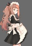  1girl alternate_costume apron aqua_eyes black_dress blunt_bangs closed_mouth commentary dress english_commentary felicia_(fire_emblem) fire_emblem fire_emblem_fates frilled_dress frills grey_background highres leatzche long_hair looking_at_viewer maid maid_headdress pink_hair ponytail puffy_short_sleeves puffy_sleeves short_sleeves sidelocks simple_background smile solo waist_apron white_apron wrist_cuffs 