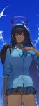  1girl absurdres ahoge aqua_bow aqua_bowtie bag black_hair blue_archive blue_cardigan blue_skirt blue_sky bow bowtie breasts cardigan dark-skinned_female dark_skin halo highres karin_(blue_archive) kosubi_(tsuneta328) large_breasts long_hair loose_bowtie miniskirt panties pantyshot pleated_skirt school_bag school_uniform skirt sky solo straight_hair underwear very_long_hair white_panties 