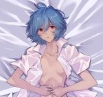  1girl ayanami_rei bed_sheet blue_hair blush breasts collarbone collared_shirt commentary dress_shirt evangelion:_3.0+1.0_thrice_upon_a_time from_above hair_between_eyes hands_on_own_stomach light_blush looking_at_viewer lying medium_breasts messy_hair naked_shirt navel neon_genesis_evangelion no_bra on_back on_bed open_clothes open_shirt out-of-frame_censoring own_hands_together parted_lips rebuild_of_evangelion red_eyes shirt short_hair short_sleeves solo unbuttoned upper_body white_background yagisawa_teru 