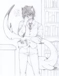  2018 annoyed anthro arm_fins big_tail biped book bottomwear claws clothed clothing dialogue english_text eyebrows eyewear fin fish front_view gills glasses hair hi_res holding_book holding_object inside librarian library looking_at_viewer malachyte male marine membrane_(anatomy) neck_gills necktie pants shark sharp_teeth shirt short_hair solo speech_bubble standing tail tail_fin talking_to_viewer teeth text topwear vest webbed_hands 