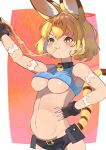  1girl :3 animal_ears arm_up bare_shoulders belt belt_pouch big_belly black_belt black_choker black_gloves black_panties blonde_hair blue_shirt blush breasts cat_ears cat_tail cheese_trail choker commentary cosplay crop_top eating extra_ears fingerless_gloves fingernails food gloves hair_between_eyes hand_on_own_hip highres holding holding_food holding_pizza kemono_friends large_breasts midriff ms._fortune_(skullgirls) ms._fortune_(skullgirls)_(cosplay) navel osnmykk panties parted_lips pizza pouch raised_eyebrow scar serval_(kemono_friends) sharp_fingernails shirt short_hair simple_background skindentation skullgirls sleeveless sleeveless_shirt slit_pupils smile solo stomach tail underboob underwear yellow_eyes 