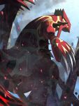  absurdres claws commentary_request day from_below groudon highres no_humans outdoors pokemon pokemon_(creature) primal_groudon red_eyes ririri_(user_rkrv7838) rock solo spikes standing yellow_pupils 