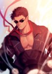  1boy bara black_hair black_jacket closed_mouth highres jacket large_pectorals male_focus motor_vehicle motorcycle muscular muscular_male my_eight necktie on_motorcycle original pectorals short_hair solo sunglasses undone_necktie weibo_username 