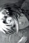  1boy bandages chrollo_lucilfer closed_mouth earrings forehead_tattoo greyscale highres hunter_x_hunter jewelry king_bong_8 looking_at_viewer male_focus monochrome parted_bangs portrait short_hair sideways solo 