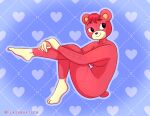  animal_crossing anthro bear bear_tail black_eyes breasts cheri_(animal_crossing) female flashquatsch hair heart_(marking) mammal markings nintendo nude purple_background red_body red_hair red_skin simple_background sitting solo under_boob yellow_feet yellow_hands yellow_markings 