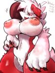  2023 3:4 absurd_res anthro areola big_breasts biped blush breasts claws digital_media_(artwork) eyewear female generation_7_pokemon glasses hi_res inverted_nipples low-angle_view lycanroc midnight_lycanroc nintendo nipples nude nyaswitchnya open_mouth pawpads paws pokemon pokemon_(species) simple_background solo thick_thighs white_background wide_hips 