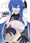  1boy 1girl april_fools azur_lane bare_shoulders black_gloves blue_hair breasts cleavage closed_eyes collarbone commander_(azur_lane) commentary_request dress elbow_gloves english_text gloves hair_between_eyes headgear heart helena_(meta)_(azur_lane) highres holding holding_another&#039;s_wrist holding_money large_breasts long_hair marshall_k money open_mouth searchlight sidelocks sleeveless sleeveless_dress smile solo_focus standing sweat upper_body white_background white_dress 