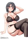  1girl arm_up bare_shoulders black_bra black_hair black_thighhighs blush bra breasts collarbone crossed_legs ebifurya garter_straps highres kantai_collection large_breasts looking_at_viewer one-hour_drawing_challenge parted_bangs parted_lips red_eyes short_hair simple_background solo takao_(kancolle) thighhighs twitter_username underwear white_background 