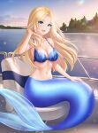  1girl :d artist_name bikini bikini_top_only blonde_hair blue_bikini blue_eyes boat breasts chair cleavage collarbone commentary commission english_commentary gigamessy hand_up highres large_breasts long_hair mermaid monster_girl navel open_mouth original railing river scales sitting smile solo swimsuit water watercraft watermark 