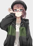  1girl adjusting_eyewear bang_dream! blue_eyes brown_hair brown_headwear collarbone eyelashes frown grey_background highres hood hooded_jacket ishinomaki_rokorou jacket long_sleeves red-framed_eyewear semi-rimless_eyewear shirt short_hair single_stripe sketch solo white_shirt yamato_maya 