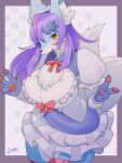 3:4 absurd_res anthro artist_name arumo big_breasts blue_body blue_fur border bow_ribbon breasts canid canine chest_tuft claws cleavage cleavage_cutout clothed clothing dress female fox fox_tail fur fusetsuko_konko hair hi_res inner_ear_fluff kemono legwear long_hair long_sleeves looking_at_viewer mammal multi_tail multicolored_body multicolored_fur multicolored_hair open_mouth pawpads pink_bow pink_hair puffy_sleeves pupils purple_hair signature snowflake_hair_accessory solo symbol-shaped_pupils tail thigh_highs tuft two_tone_body two_tone_fur two_tone_hair unusual_pupils vtuber white_body white_fur yellow_eyes 