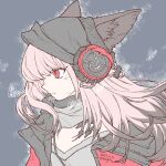  1girl angry animal_ear_fluff animal_ears arknights beanie behind-the-head_headphones black_hair black_headwear bonjirix colored_tips commentary dated dirty dirty_face fox_ears fox_girl frostleaf_(arknights) frown grey_scarf grey_shirt hat hatching_(texture) headphones highres implied_extra_ears jacket long_hair looking_to_the_side multicolored_hair open_clothes open_jacket oripathy_lesion_(arknights) pink_hair red_eyes red_jacket scarf shirt signature solo v-neck 