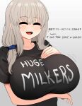  1girl absurdres breasts closed_eyes english_commentary english_text grey_hair hair_between_eyes hair_over_shoulder highres huge_breasts long_hair mature_female open_mouth reverse_translation shirt smile solo t-shirt the_only_shoe translated uzaki-chan_wa_asobitai! uzaki_tsuki 