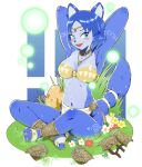  2023 absurd_res angeal anthro blue_arms blue_body blue_ears blue_fur blue_hair blue_legs blue_tail blush bottomwear breasts canid canine clothed clothing female flower footwear fox fur grass hair hi_res krystal loincloth mammal nintendo open_mouth plant red_tongue sitting star_fox tail tongue topwear 