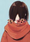  1girl black_flower blue_background brown_hair facing_away flower from_behind highres hood hood_down hoodie ka_(marukogedago) medium_hair orange_flower orange_hoodie original purple_flower red_hoodie solo upper_body yellow_flower 