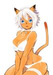  1girl :d adventurer_(ff11) animal_ears bare_arms bare_shoulders between_legs blue_eyes bra breasts cat_ears cat_girl cat_tail cleavage collarbone colored_eyelashes doraeshi facial_mark fangs final_fantasy final_fantasy_xi front-tie_bra hair_between_eyes hand_between_legs highres looking_at_viewer medium_breasts mithra_(ff11) open_mouth panties short_hair side-tie_panties simple_background sitting smile solo tail underwear v_arms whisker_markings white_background white_bra white_hair white_panties 