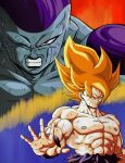  2boys absurdres alien angry blue_background blue_wristband clenched_teeth closed_mouth commentary dragon_ball dragon_ball_z english_commentary frieza green_eyes highres iamthetrev male_focus multicolored_background multiple_boys muscular muscular_male official_style one_eye_closed red_background red_eyes scuffed serious son_goku spiked_hair super_saiyan super_saiyan_1 teeth v-shaped_eyebrows veins 