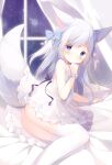  1girl absurdres akatsuki_(ytkg5558) animal_ears ass bed bed_sheet blue_eyes blue_hair blush bow bowtie dress fox_ears highres looking_at_viewer night night_sky on_bed original ribbon sky tail thighhighs white_thighhighs window 