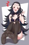  1girl bare_shoulders black_hair black_nails black_thighhighs bra breasts feet fire_emblem fire_emblem_fates foot_focus highres igni_tion long_hair nail_polish nyx_(fire_emblem) open_mouth small_breasts soles teeth thighhighs toenail_polish toenails underwear upper_teeth_only 