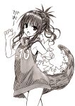  1girl bare_arms cosplay curly_hair godzilla godzilla_(cosplay) highres hood hoodie long_hair looking_at_viewer monochrome open_mouth paw_pose simple_background sleeveless solo to_love-ru topknot white_background yabuki_kentarou yuuki_mikan 
