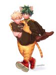  2boys :&gt; animal_costume animal_ears animal_hands artist_name bell black_pants black_shirt blank_eyes blonde_hair boku_no_hero_academia brown_footwear carrying cat_costume cat_ears cat_paws cat_tail claws closed_mouth clothes_writing commentary cosplay cross-laced_footwear dress_shoes freckles full_body green_hair hair_between_eyes happy highres jingle_bell kigurumi male_focus midoriya_izuku multiple_boys neck_bell official_alternate_costume pants princess_carry red_footwear shadow shirt shoe_soles shoes short_sleeves simple_background single_horizontal_stripe smile sneakers spiked_hair t-shirt tail unamused v-shaped_eyebrows walking whiskers white_background yenny_(yennyinc) 