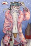  anthro anysilvery clothing coat exhibitionism eyewear felid girly glasses hi_res male mammal pantherine snow_leopard solo thong topwear umbrose underwear 