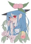 1girl blue_hair blush eating flower food fruit hair_between_eyes hands_up hat highres hinanawi_tenshi holding holding_food holding_fruit leaf long_hair long_sleeves looking_at_viewer open_mouth parted_lips peach portrait red_eyes ribbon shirt short_sleeves simple_background solo teeth tongue touhou tsune_(tune) upper_body white_background white_shirt 