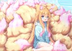  1girl absurdres animal_ear_fluff animal_ears blonde_hair blue_eyes fluff fox_ears fox_girl hair_between_eyes highres hood hoodie long_hair looking_at_viewer macaroni710 multicolored_hair multiple_tails open_mouth original pink_hair solo tail too_many too_much_fluff 