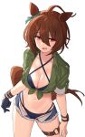  1girl agnes_tachyon_(lunatic_lab)_(umamusume) agnes_tachyon_(umamusume) ahoge animal_ears bad_link bikini breasts brown_eyes brown_hair chorefuji cleavage collarbone commentary_request cowboy_shot gloves green_jacket hair_between_eyes hair_ribbon highres horse_ears horse_girl horse_tail jacket large_breasts long_hair navel open_mouth ribbon short_shorts shorts simple_background single_glove smile solo swimsuit swimsuit_under_clothes tail thigh_strap tied_jacket umamusume white_background 