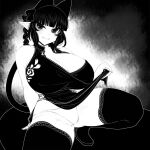  1girl alternate_costume animal_ears blunt_bangs bow braid breasts cat_ears cat_girl cat_tail china_dress chinese_clothes cleavage closed_mouth clothes_lift collarbone commentary_request curvy dress extra_ears greyscale hair_bow haseru_(ginku_mh) huge_breasts kaenbyou_rin lifted_by_self looking_at_viewer monochrome multiple_tails nekomata panties pointy_ears side_braid sidelocks smile solo squatting tail thighhighs touhou two_tails underwear 